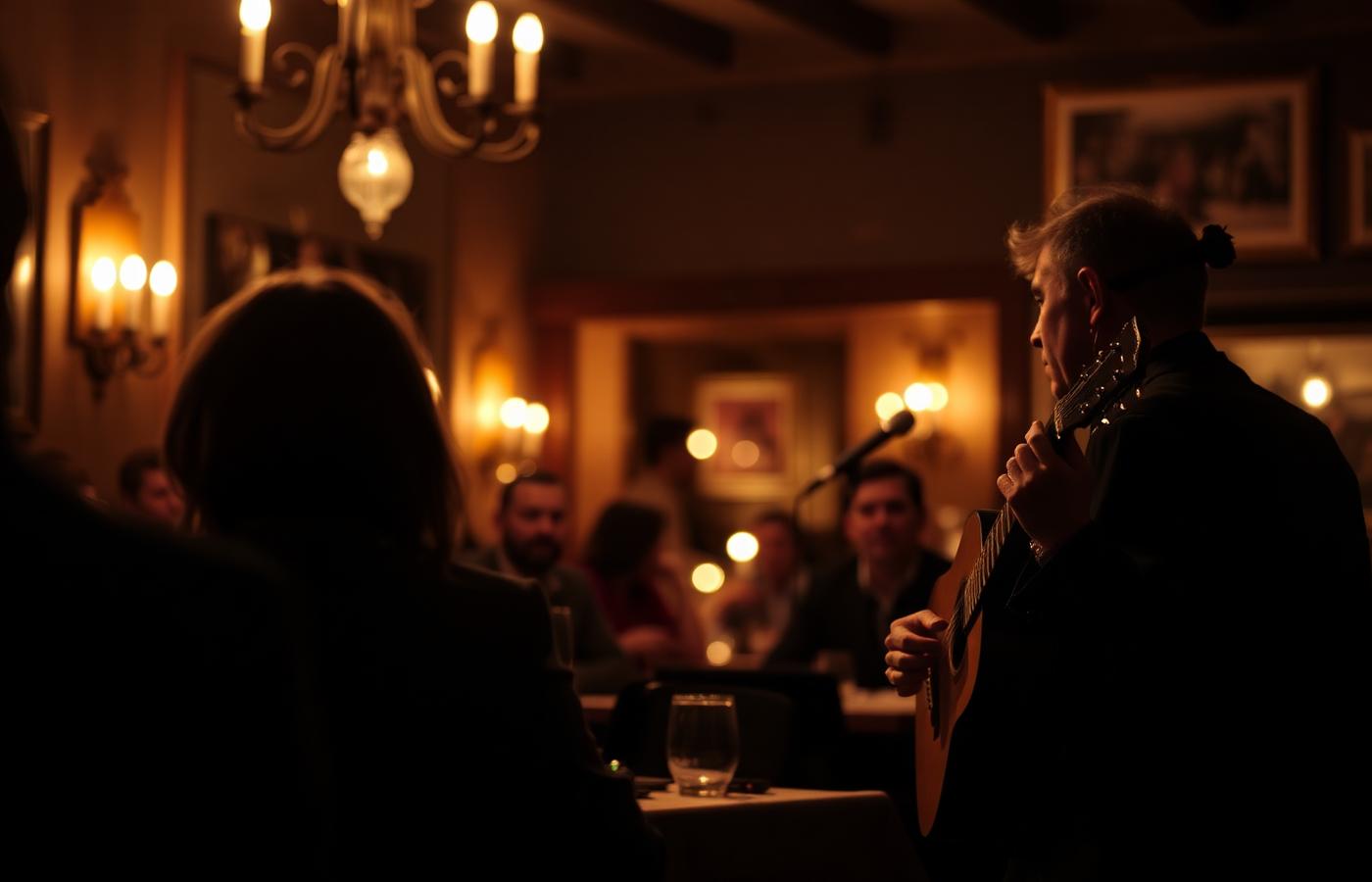 Fado-Gitarrist bei Kerzenlicht im Restaurant