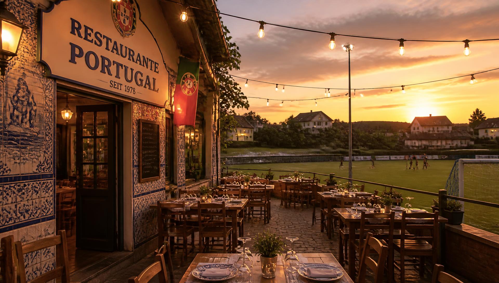 Terrasse des portugiesischen Restaurants am Sportplatz in Waldkirch-Buchholz bei Sonnenuntergang